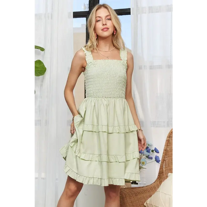 Smocked Ruffled Wide Strap Mini Dress.