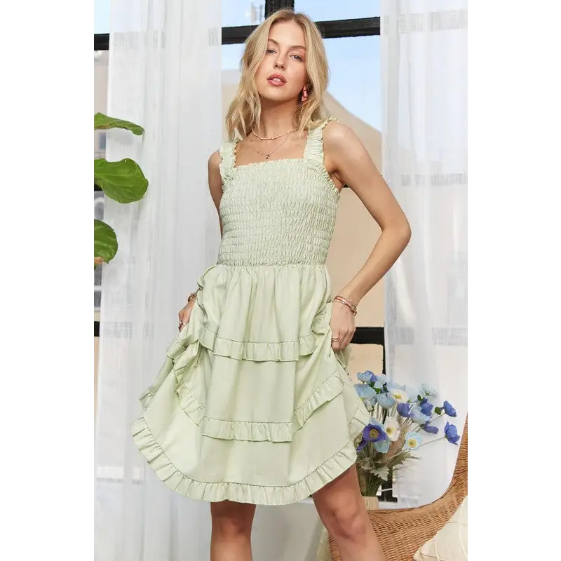 Smocked Ruffled Wide Strap Mini Dress.