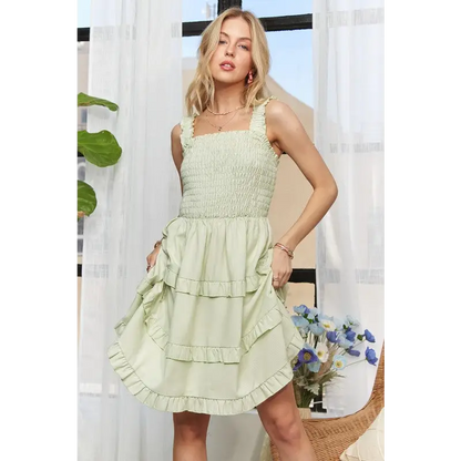 Smocked Ruffled Wide Strap Mini Dress.