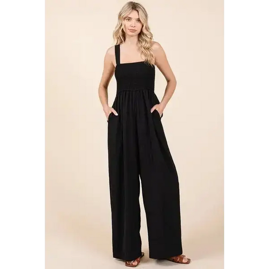 Smocked Wide Strap Wide Leg Overalls.