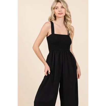 Smocked Wide Strap Wide Leg Overalls.