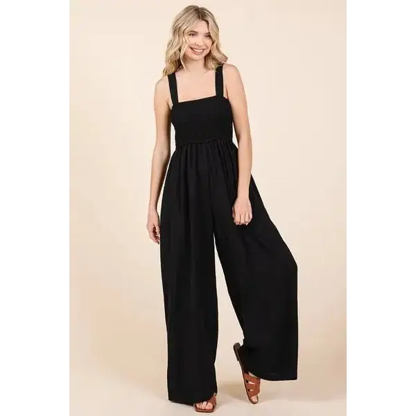 Smocked Wide Strap Wide Leg Overalls.