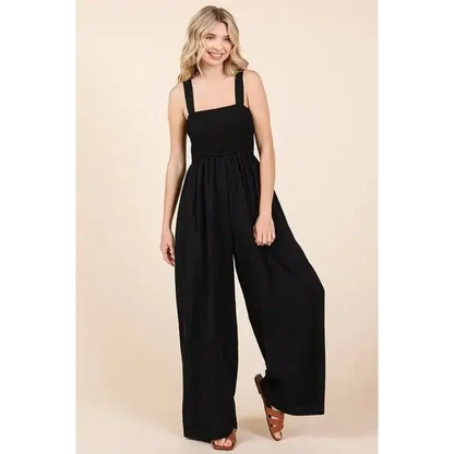 Smocked Wide Strap Wide Leg Overalls.