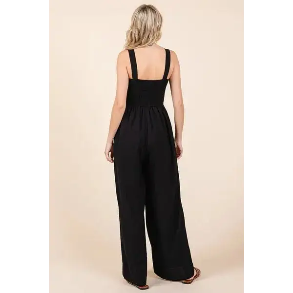 Smocked Wide Strap Wide Leg Overalls.