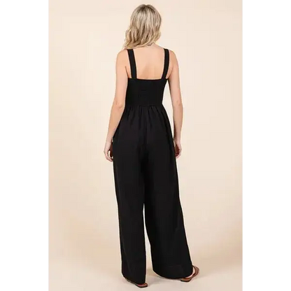 Smocked Wide Strap Wide Leg Overalls.