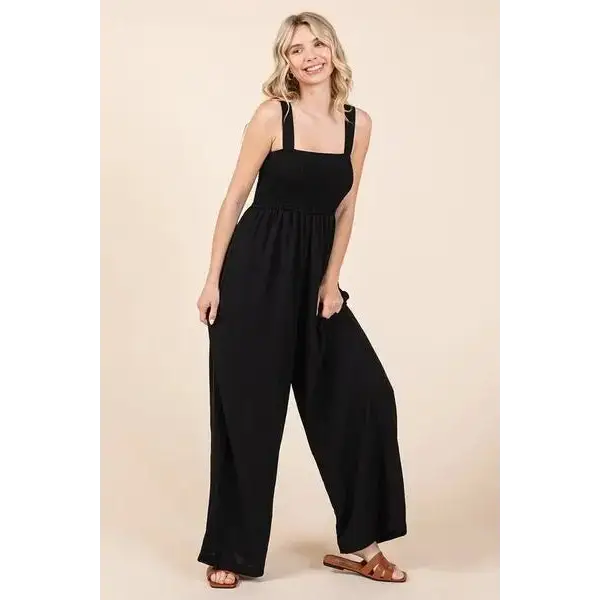 Smocked Wide Strap Wide Leg Overalls.
