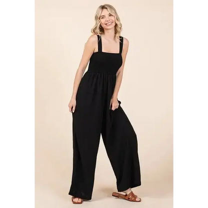 Smocked Wide Strap Wide Leg Overalls.