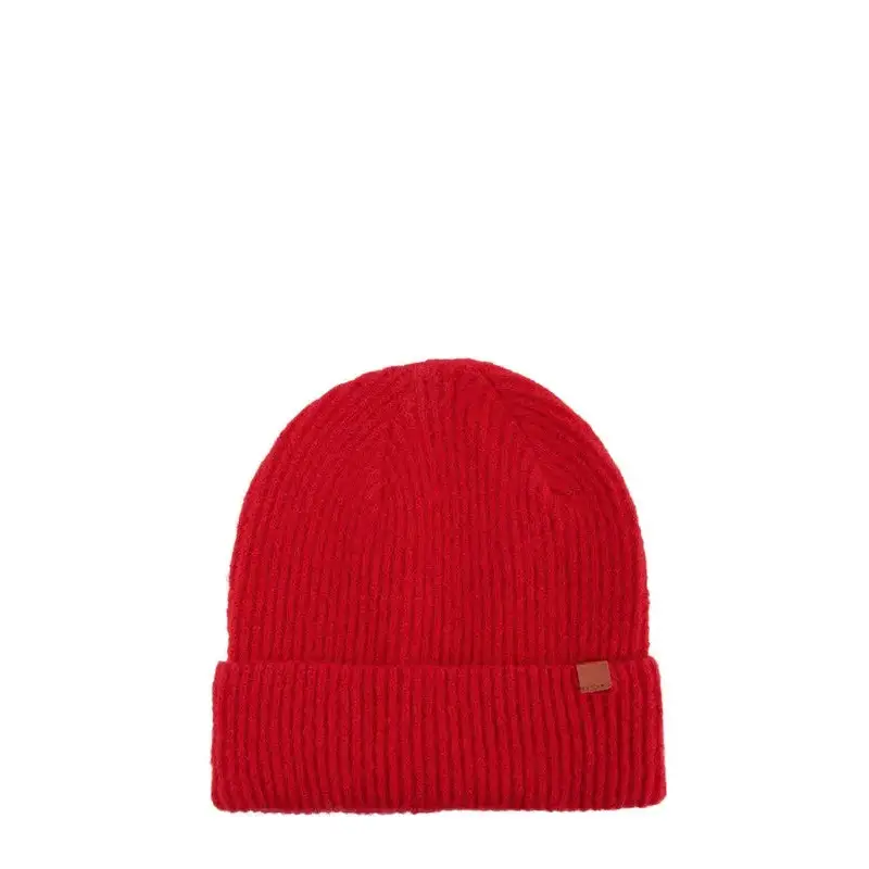 Solid Rib Beanie with Leather Tab.