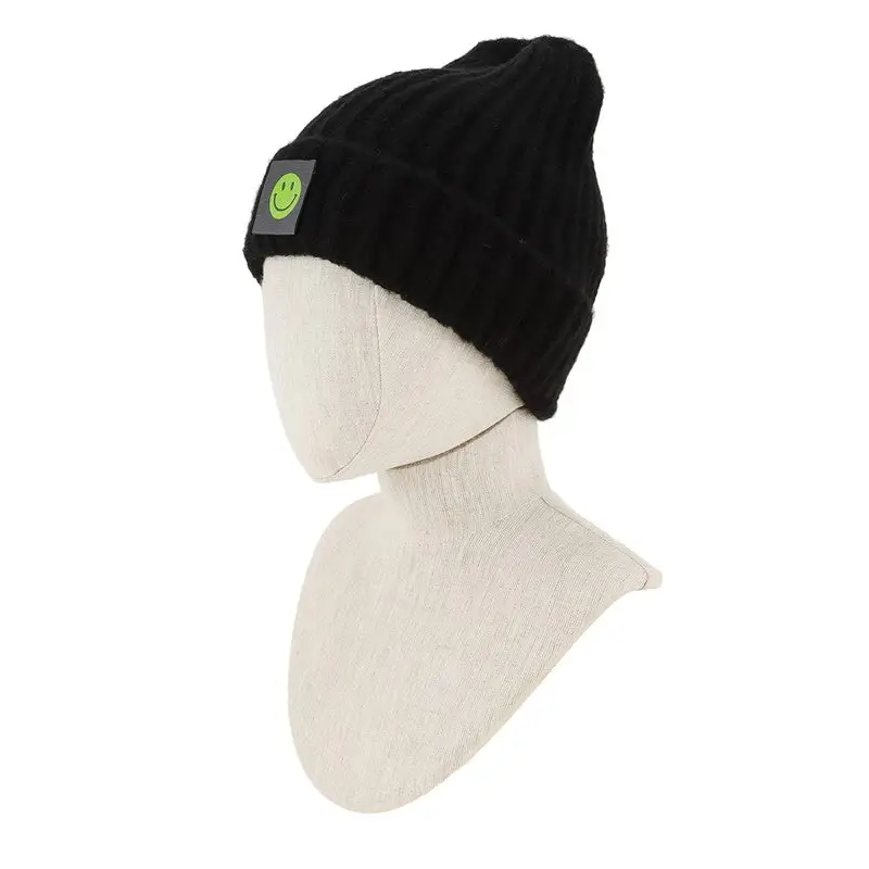 Solid Rib Beanie with Smile Accent.