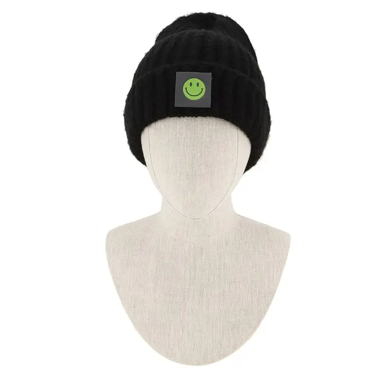 Solid Rib Beanie with Smile Accent.