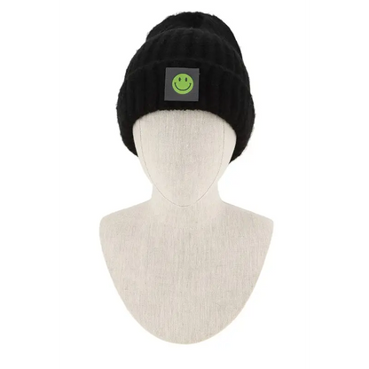 Solid Rib Beanie with Smile Accent.