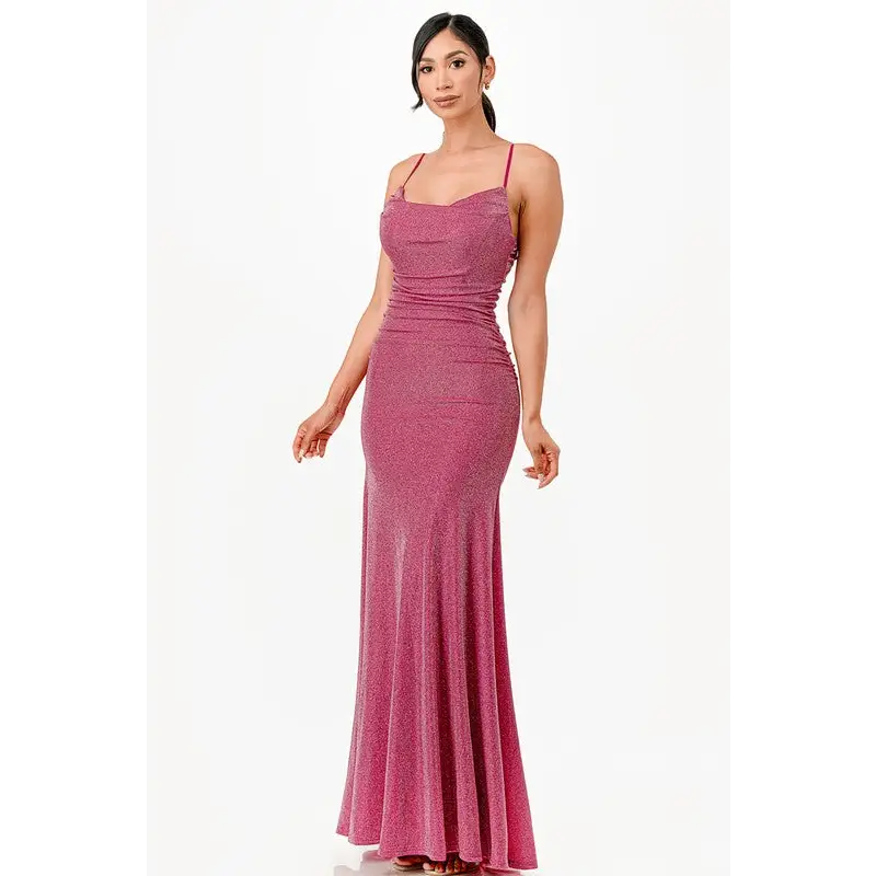Sparking Jacquard Cowl Neck Long Dress.