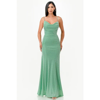 Sparking Jacquard Cowl Neck Long Dress.