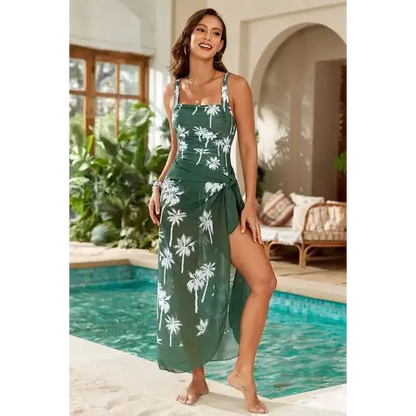 Square Neck Printed One-Piece Swimwear and Cover Up Swim Set.