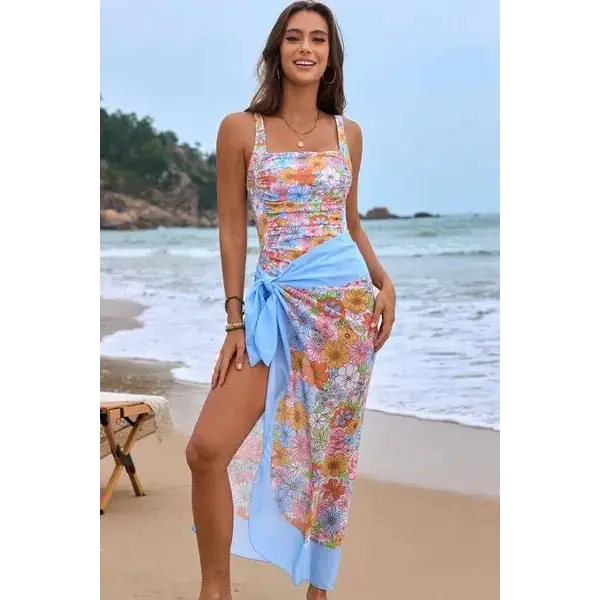 Square Neck Printed One-Piece Swimwear and Cover Up Swim Set.