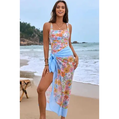 Square Neck Printed One-Piece Swimwear and Cover Up Swim Set.