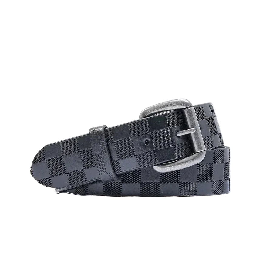A black and dark gray checkered leather belt with a silver-tone metal buckle, coiled on a white background.