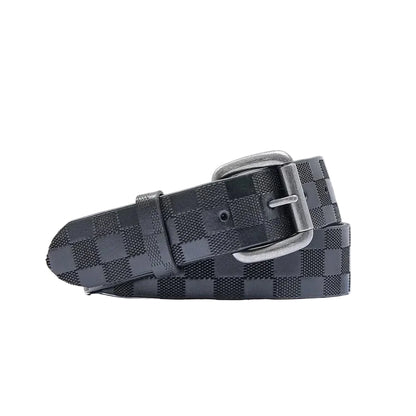 A black and dark gray checkered leather belt with a silver-tone metal buckle, coiled on a white background.