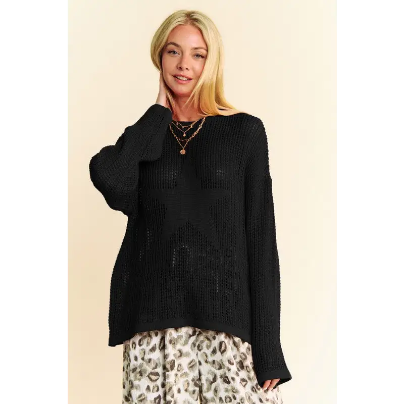 Star Front Crochet Drop Shoulder Knit Top.