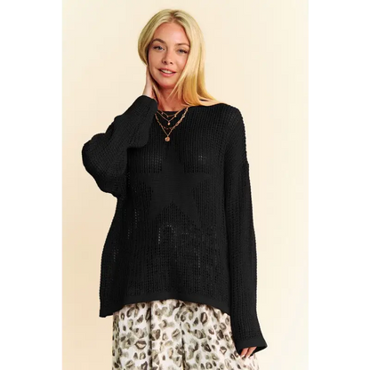 Star Front Crochet Drop Shoulder Knit Top.