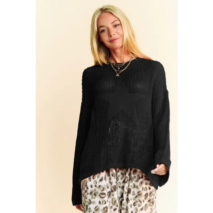 Star Front Crochet Drop Shoulder Knit Top.