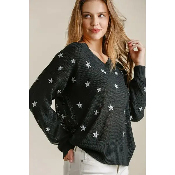 Star V-Neck Long Sleeve Sweater.