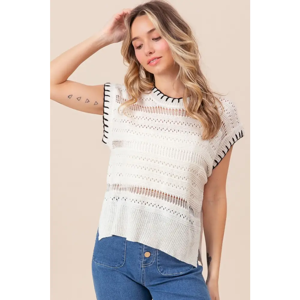 Stitch Edge Pointelle Side Slit Sweater Vest.