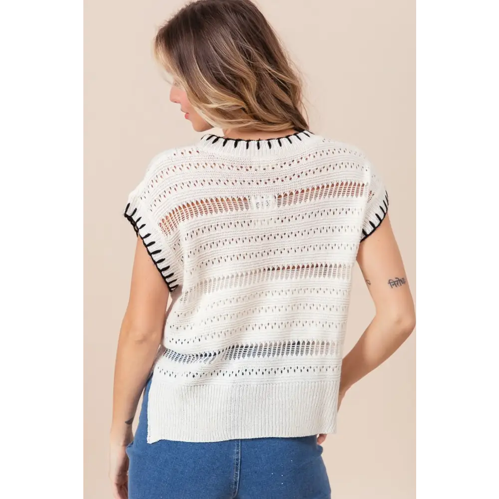 Stitch Edge Pointelle Side Slit Sweater Vest.