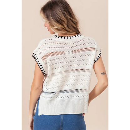 Stitch Edge Pointelle Side Slit Sweater Vest.