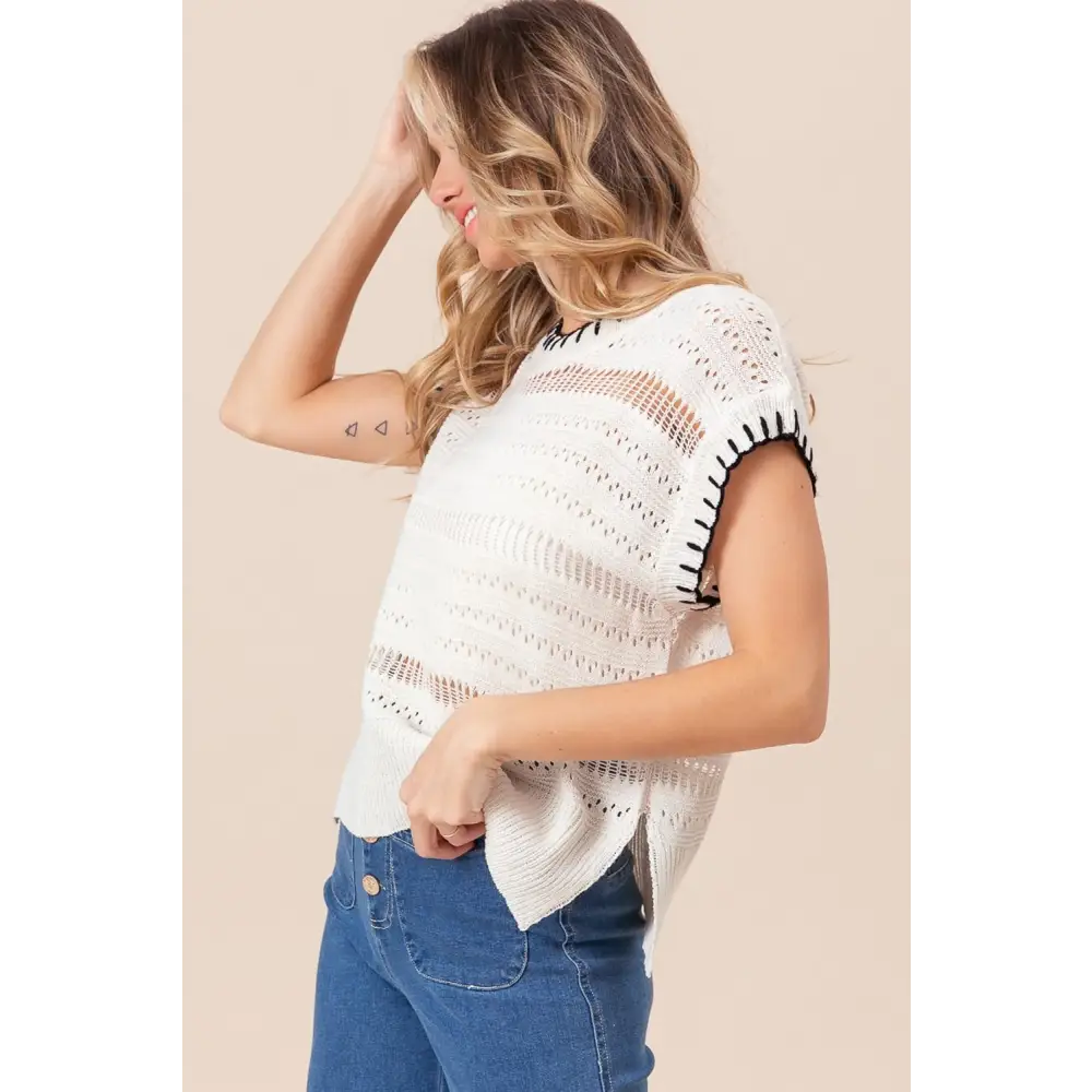 Stitch Edge Pointelle Side Slit Sweater Vest.