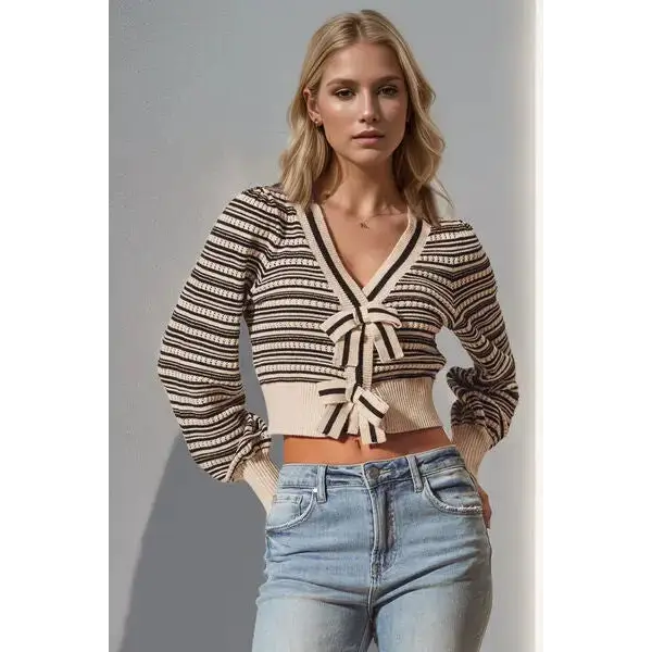 Striped Bow Cropped Cardigan.