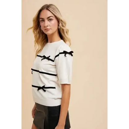 Striped Bow Round Neck Knit Top.