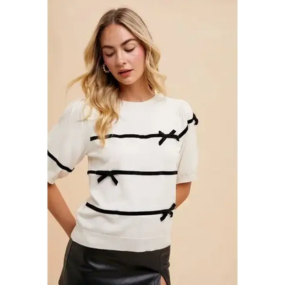 Striped Bow Round Neck Knit Top.