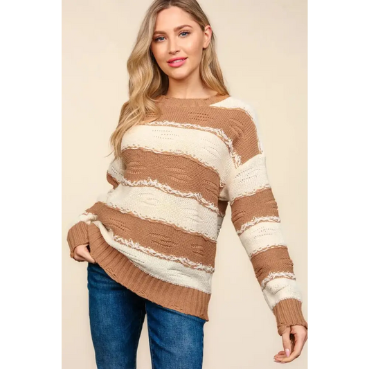 Striped Contrast Distressed Sweater.