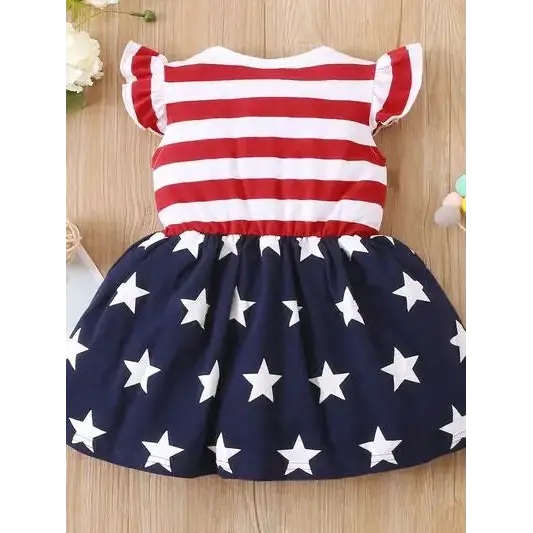 Striped & Stars Ruffled Round Neck Cap Sleeve Dress.