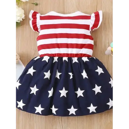 Striped & Stars Ruffled Round Neck Cap Sleeve Dress.