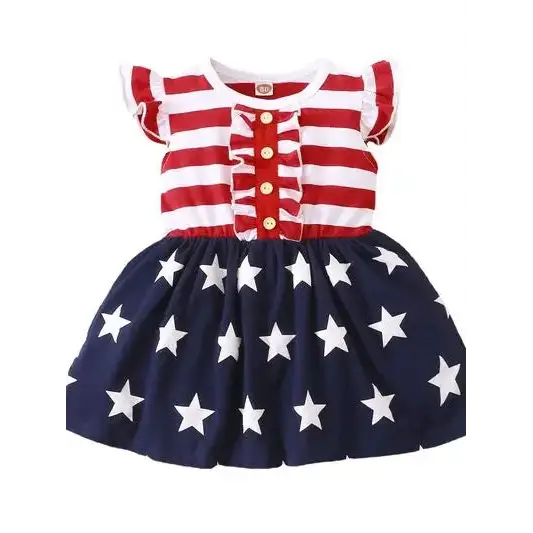 Striped & Stars Ruffled Round Neck Cap Sleeve Dress.
