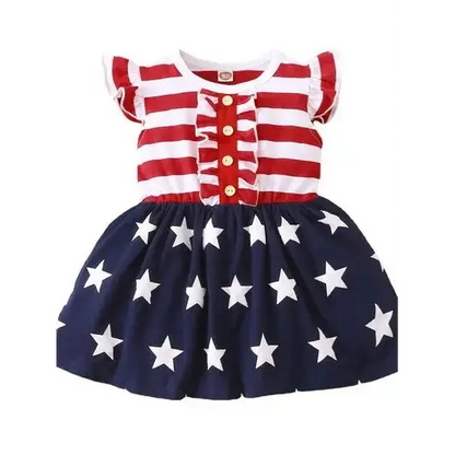 Striped & Stars Ruffled Round Neck Cap Sleeve Dress.