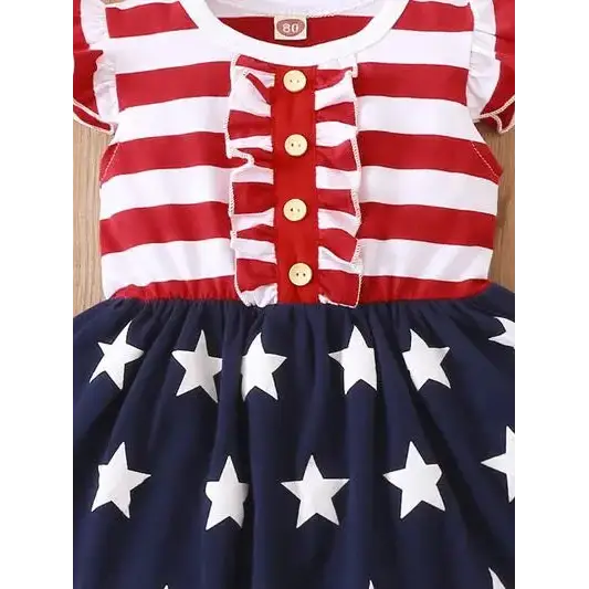 Striped & Stars Ruffled Round Neck Cap Sleeve Dress.