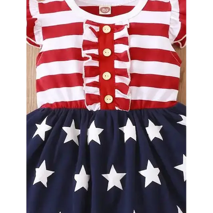 Striped & Stars Ruffled Round Neck Cap Sleeve Dress.