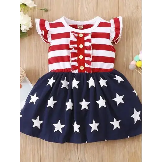 Striped & Stars Ruffled Round Neck Cap Sleeve Dress.