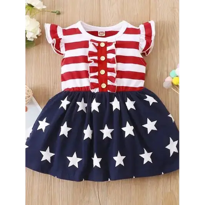 Striped & Stars Ruffled Round Neck Cap Sleeve Dress.