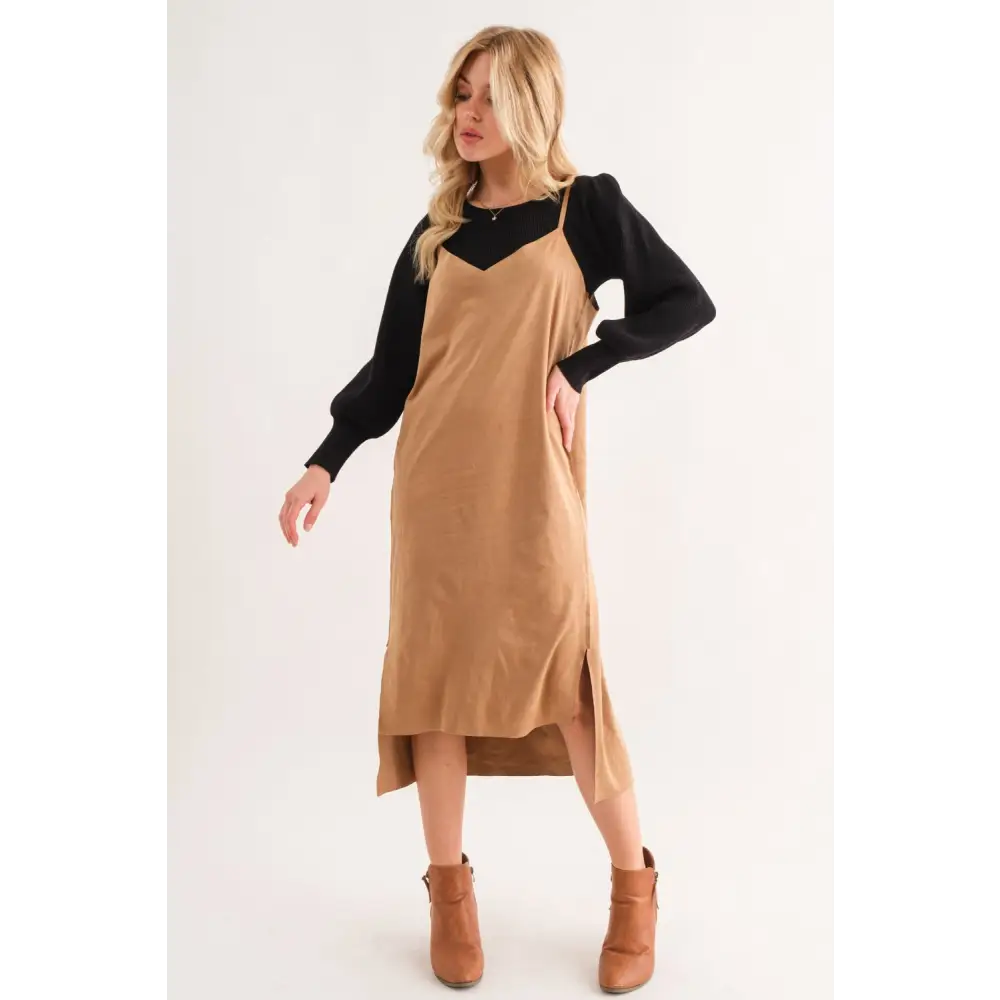 Suede Cut Edge Slit Cami Midi Dress.