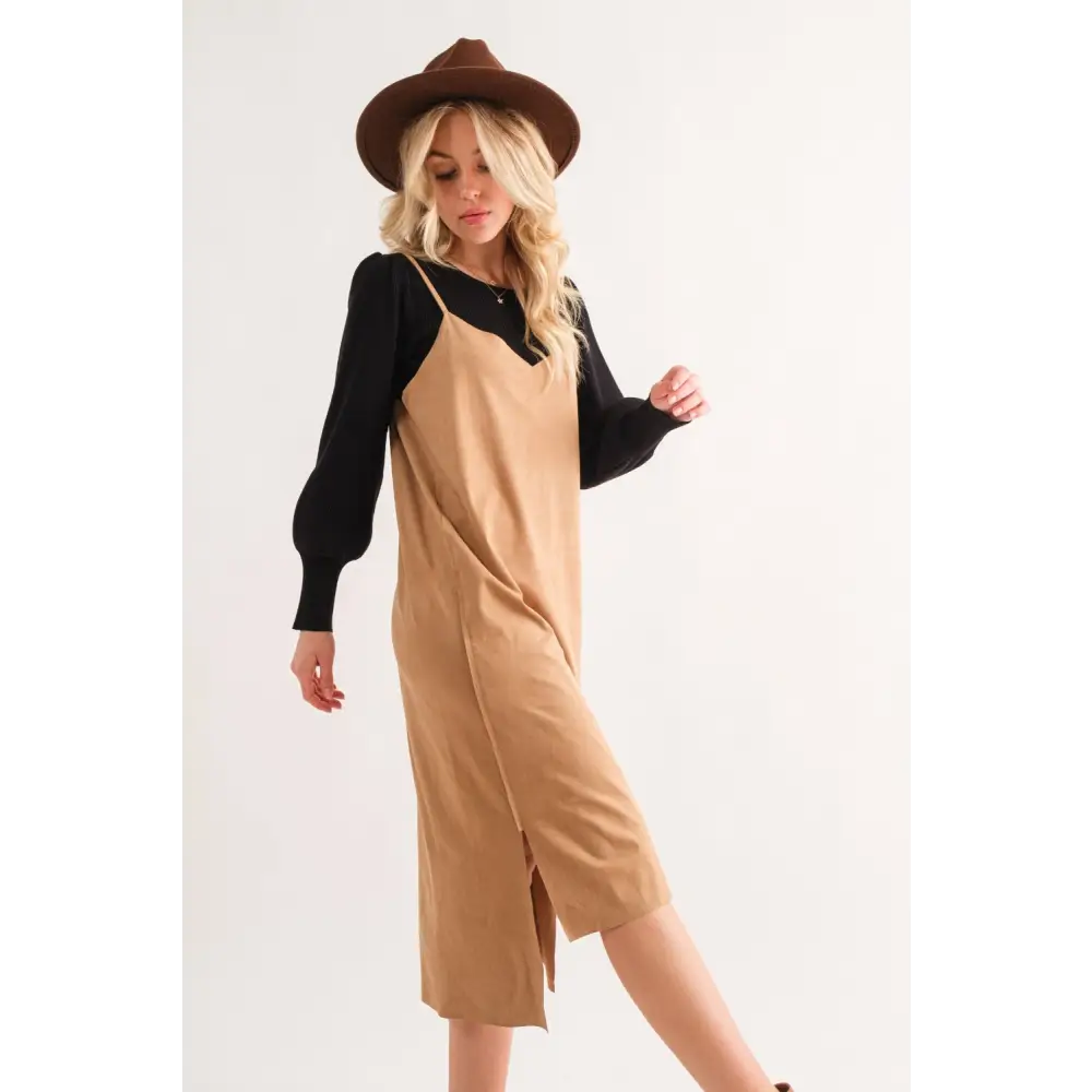 Suede Cut Edge Slit Cami Midi Dress.