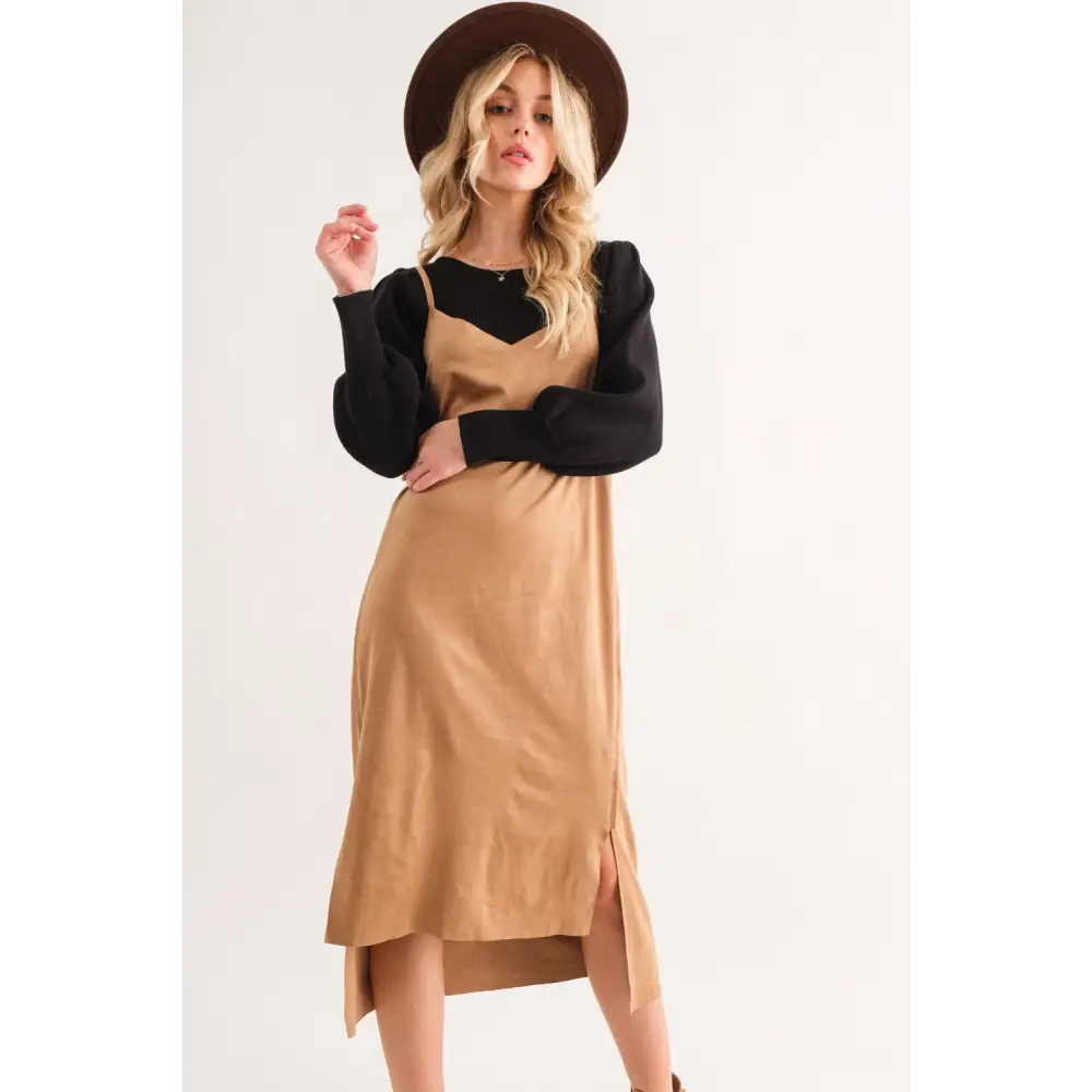 Suede Cut Edge Slit Cami Midi Dress.