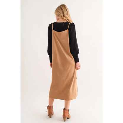 Suede Cut Edge Slit Cami Midi Dress.