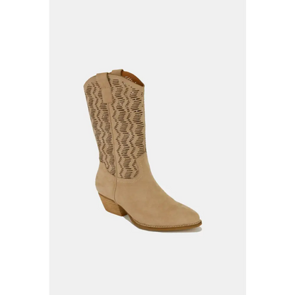 Suede Laser Cut Detail Block Heel Boots.