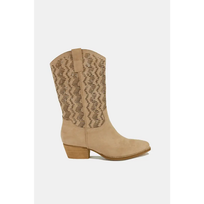 Suede Laser Cut Detail Block Heel Boots.