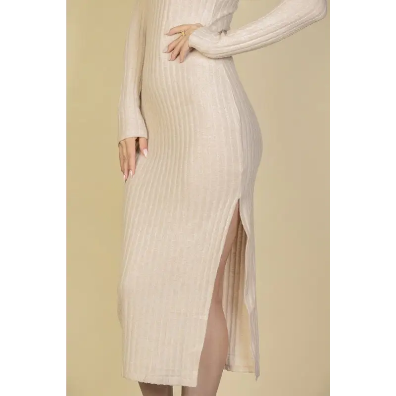 Sweater-Knit Fuzzy Turtle Neck Split Thigh Dress.