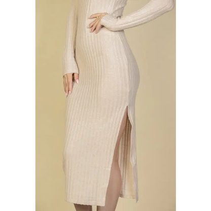 Sweater-Knit Fuzzy Turtle Neck Split Thigh Dress.